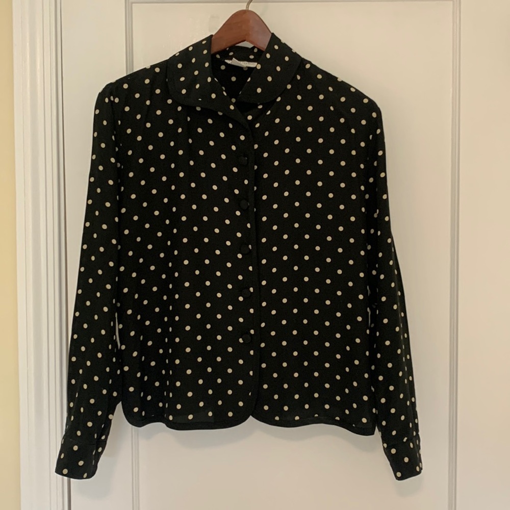 Ann Taylor silk blouse; black with cream polka dots.